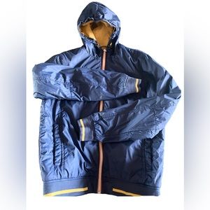 70s Vintage Men’s Jacket Navy Blue Nylon Spring Fall Coat 1970 Yellow Trim Hood